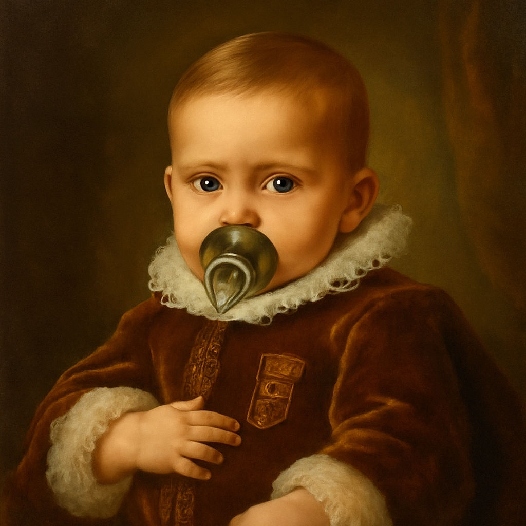 A close-up photo of a baby with a green pacifier, snuggled comfortably in a cozy outfit with a patterned background. The baby gazes calmly at the camera, while the image captures soft natural lighting and a relaxed, homey atmosphere.