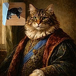A fluffy tabby cat with white paws lounges on a wooden floor near a white wall, looking curiously at the camera with a small striped toy mouse nearby.