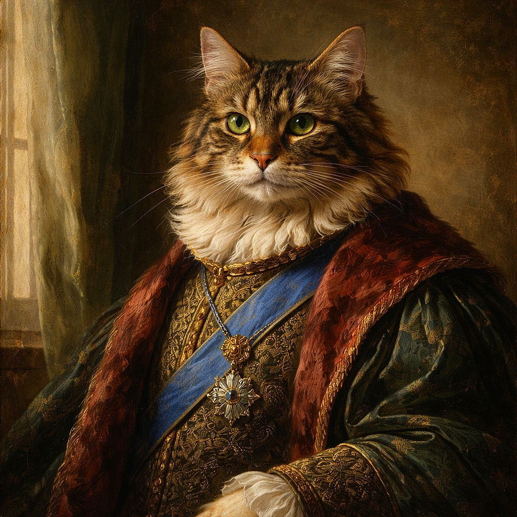 A fluffy tabby cat with white paws lounges on a wooden floor near a white wall, looking curiously at the camera with a small striped toy mouse nearby.
