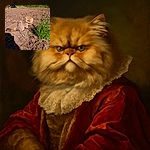 A fluffy Persian cat sits on freshly tilled garden soil next to a patch of green plants with purple flowers, basking in the sunlight while casting a small shadow.