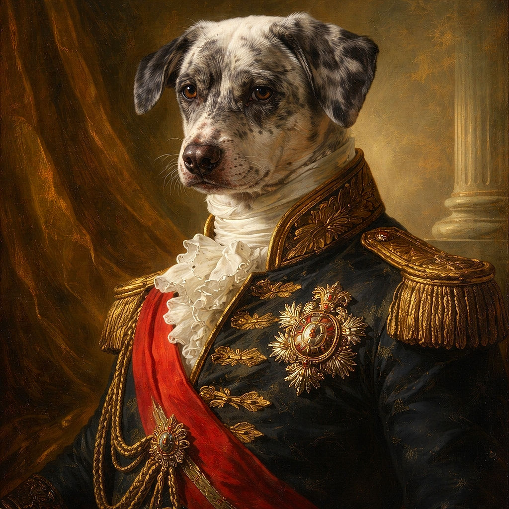 A spotty puppy sulks theatrically on a pink bed by a sunlit window — ears flopped, nose flecked with black, looking back like it knows it's adorable (and possibly guilty). Soft curtains and blinds frame the cozy indoor scene.