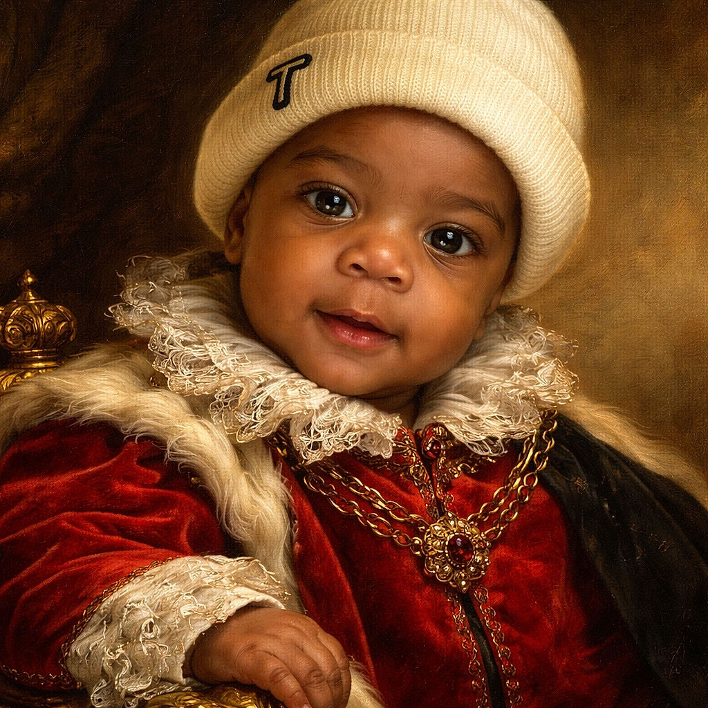 A close-up selfie of a curious baby wearing a cozy white beanie and a bright red jacket, with a softly lit living room in the background featuring a wooden shelf filled with cards and knick-knacks.