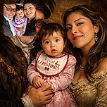 A heartwarming family selfie featuring a bearded man in a camo hat, a wide-eyed baby wearing a festive 'My First Christmas' bib, and a smiling woman with winged eyeliner, all packed closely together with genuine warmth and affection.