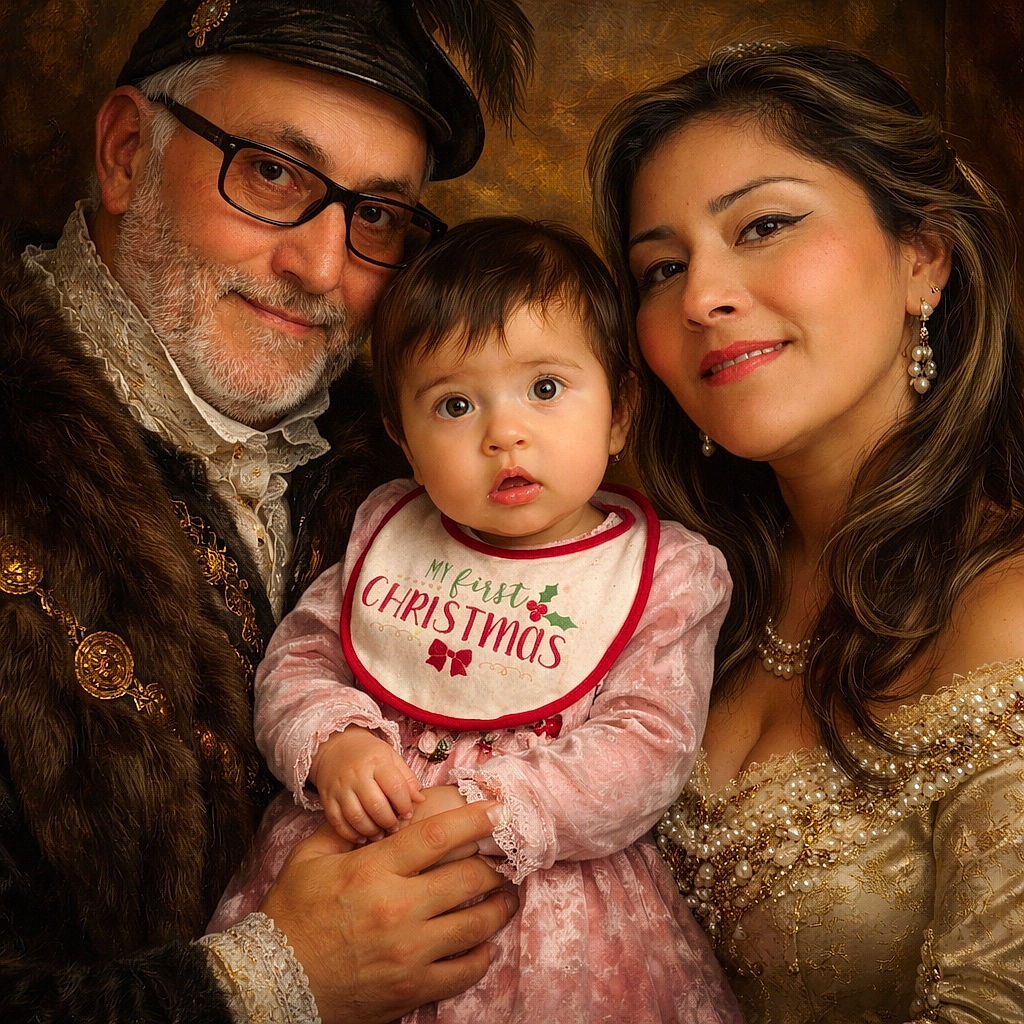 A heartwarming family selfie featuring a bearded man in a camo hat, a wide-eyed baby wearing a festive 'My First Christmas' bib, and a smiling woman with winged eyeliner, all packed closely together with genuine warmth and affection.