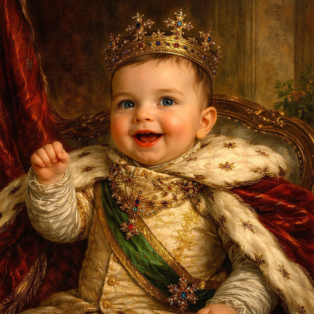 A joyful, drooling baby in a teal highchair throws up triumphant arms wearing a Christmas-tree bib — pure snack-time victory, with a glossy tray reflecting an adorable upside-down echo of the grin.