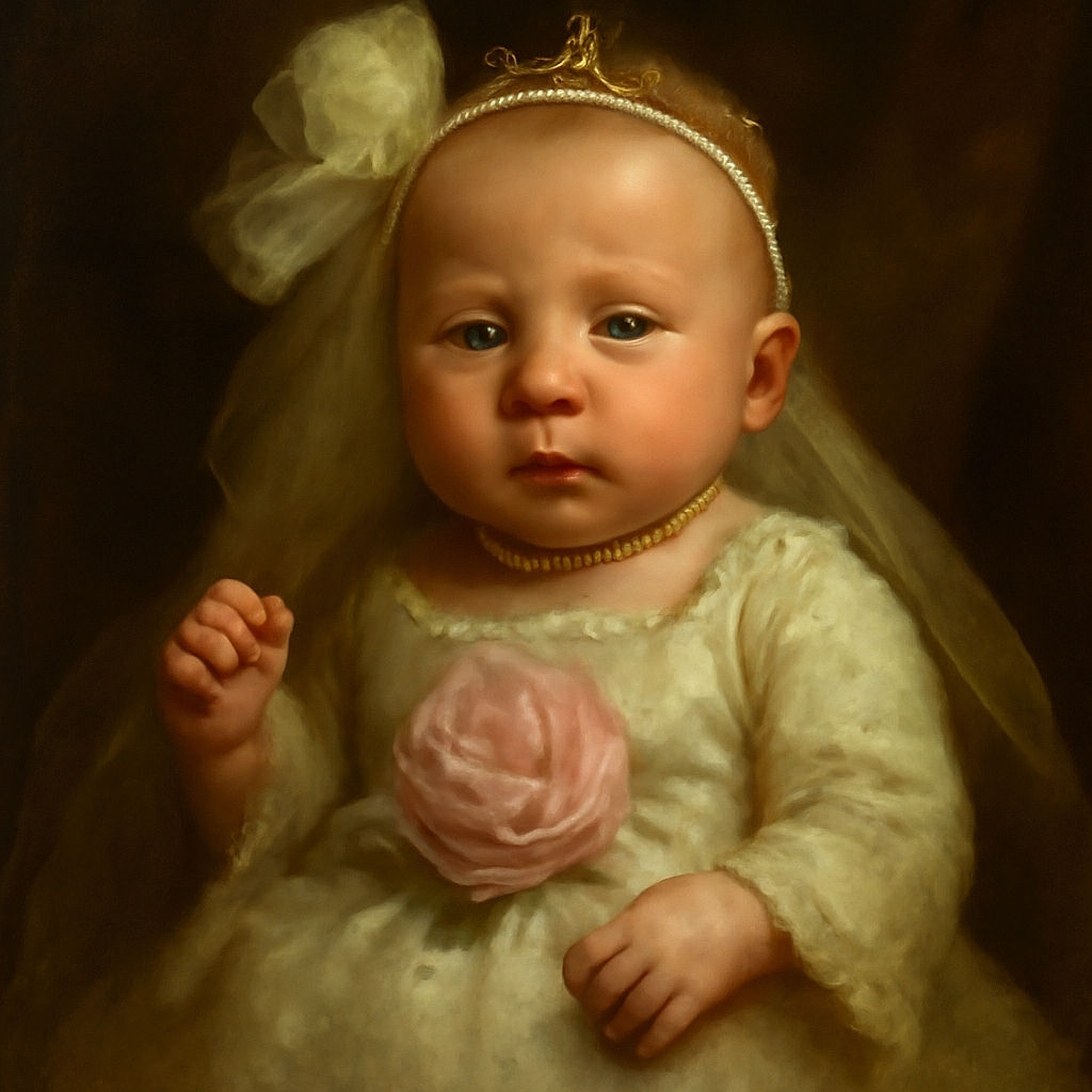 A tiny baby dressed in a delicate white outfit adorned with a big flower and a lace headband looks curiously at the camera, with tiny fists raised like a little champion ready to conquer nap time.