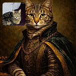 A cozy tabby cat with striking yellow eyes lounges comfortably on a soft, dark surface, framed by a white cushion and a colorful blanket edge, looking curiously at the camera as if ready to pounce on an invisible mouse.