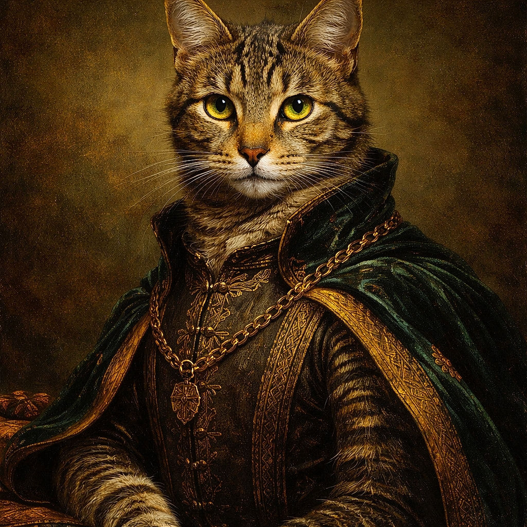 A cozy tabby cat with striking yellow eyes lounges comfortably on a soft, dark surface, framed by a white cushion and a colorful blanket edge, looking curiously at the camera as if ready to pounce on an invisible mouse.