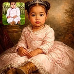 A charming toddler in a soft pink outfit sits serenely on vibrant green grass under a blooming tree with delicate pink flowers, framed by a rustic wooden fence in the background, radiating innocence and a peaceful springtime vibe.