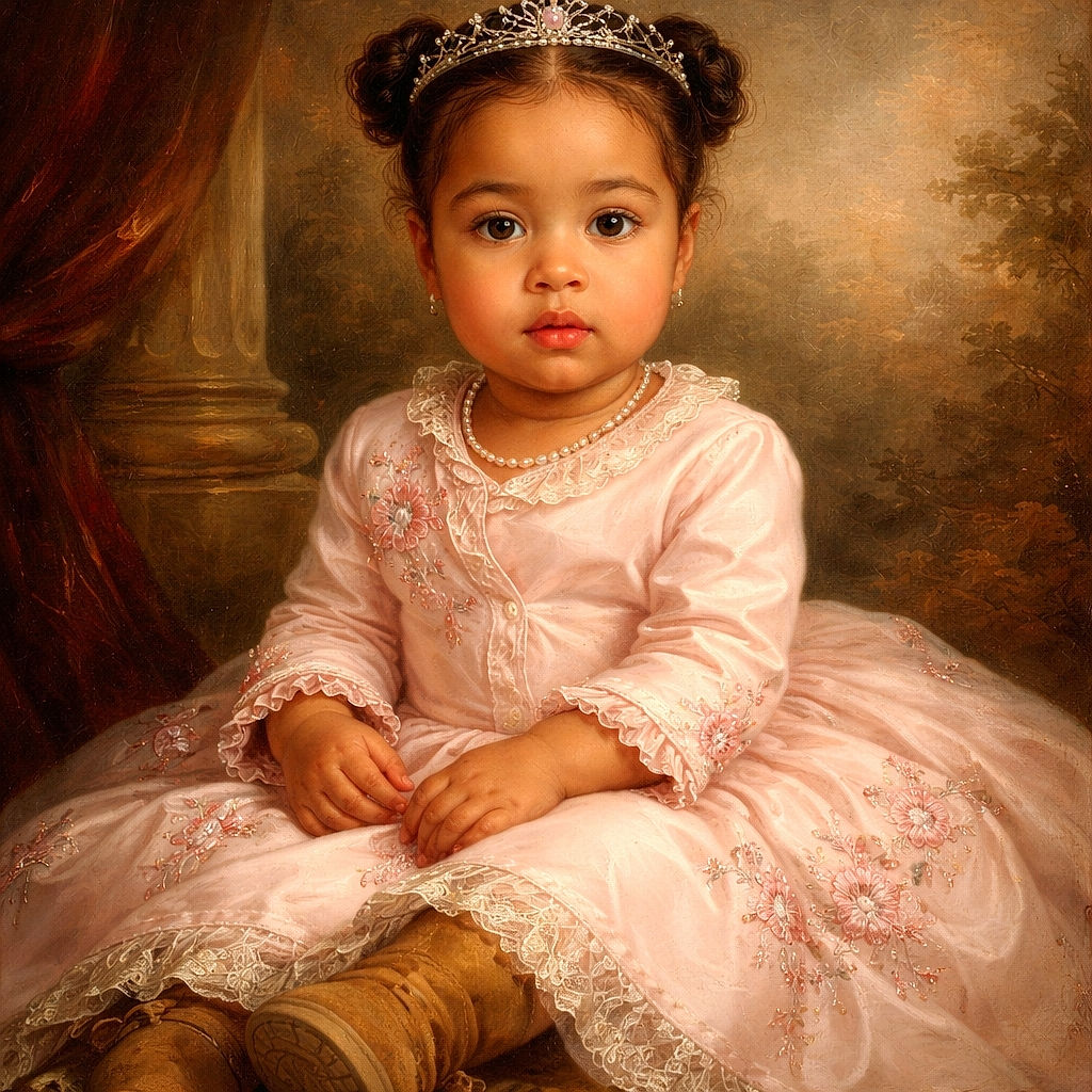 A charming toddler in a soft pink outfit sits serenely on vibrant green grass under a blooming tree with delicate pink flowers, framed by a rustic wooden fence in the background, radiating innocence and a peaceful springtime vibe.