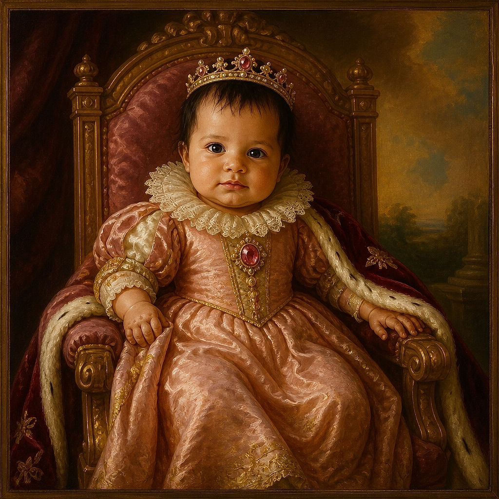 A wide-eyed baby lounges in a pink outfit and bib, looking like a tiny fashion critic judging the camera while cozy blankets form a soft nest around them.