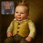 A charming baby dressed in a yellow vest and striped pants sits comfortably on a soft surface, flashing a sweet smile that could melt hearts. The cozy setting and casual outfit make this tiny fashionista ready for their close-up.