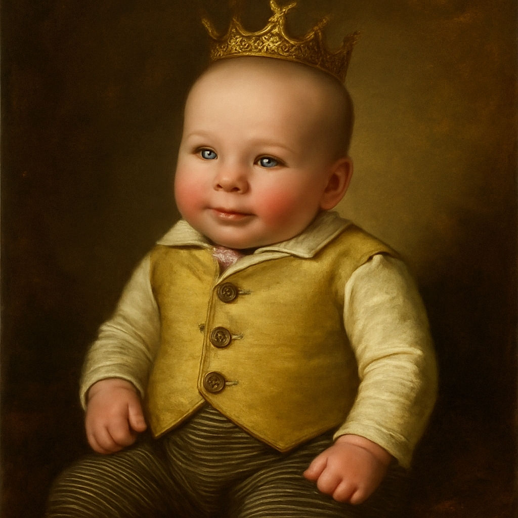 A charming baby dressed in a yellow vest and striped pants sits comfortably on a soft surface, flashing a sweet smile that could melt hearts. The cozy setting and casual outfit make this tiny fashionista ready for their close-up.