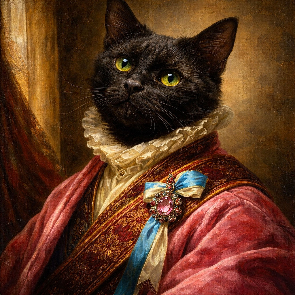 A close-up photo of a black cat wearing a pink sweater, looking curiously at the camera with bright golden eyes. The background shows a colorful striped blanket and a beige wall, giving a cozy indoor vibe.