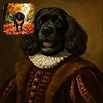 A charming black dog wearing a festive orange Thanksgiving bandana stands amidst a vibrant autumn forest path blanketed with colorful fallen leaves, basking in the warm glow of golden sunlight filtering through the trees.