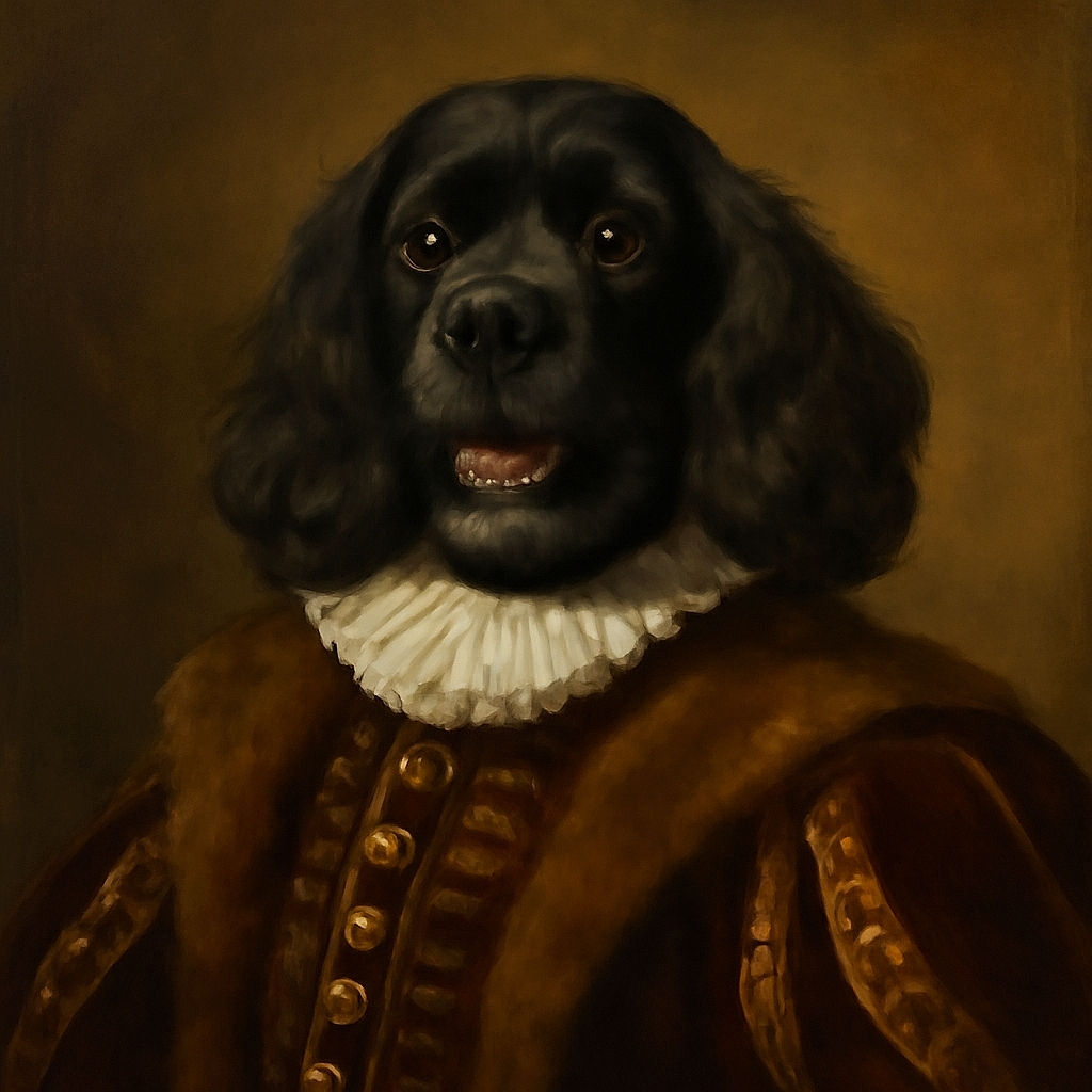 A charming black dog wearing a festive orange Thanksgiving bandana stands amidst a vibrant autumn forest path blanketed with colorful fallen leaves, basking in the warm glow of golden sunlight filtering through the trees.