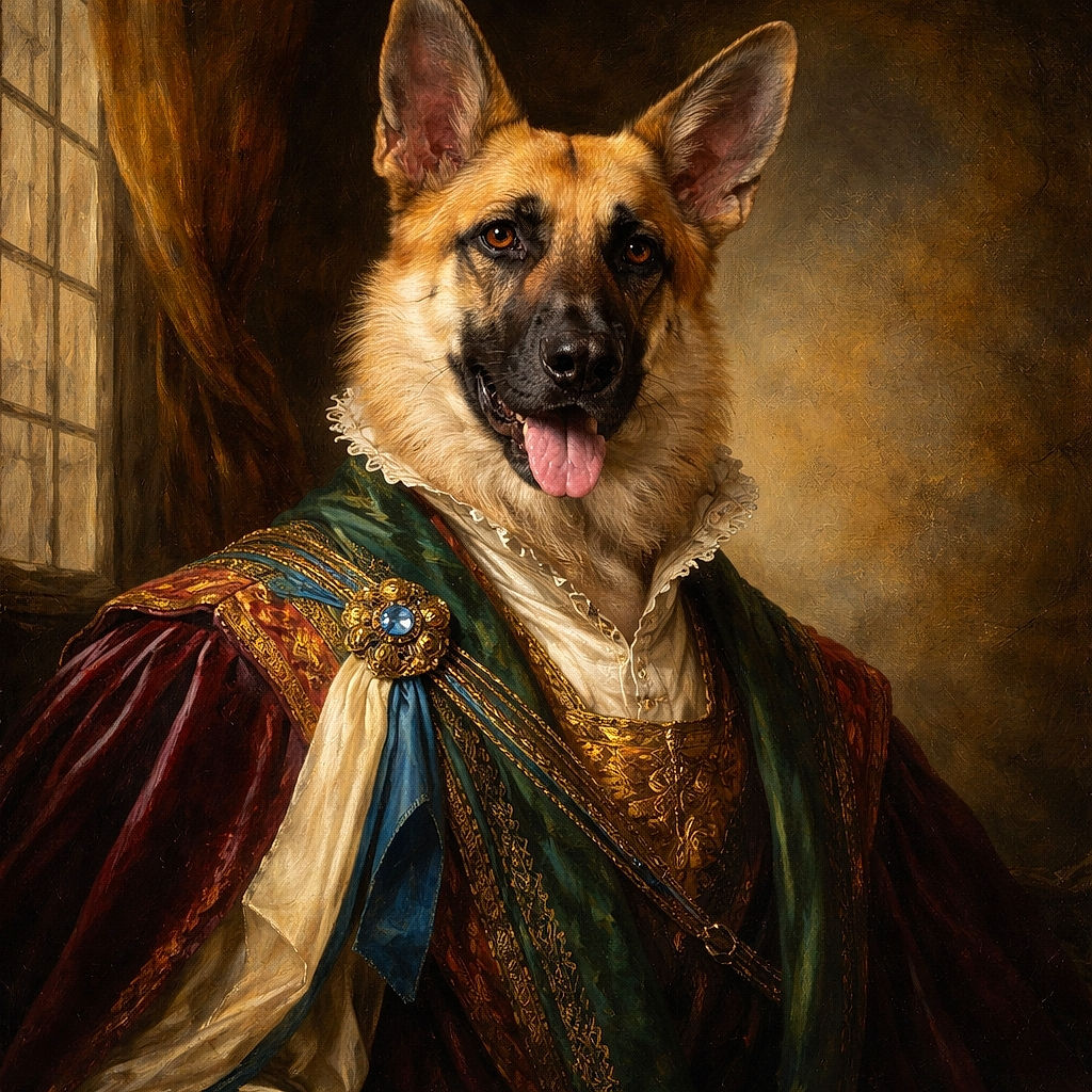 A proud German Shepherd co-pilot sits in the backseat wearing a bright pink harness, tongue flopped out and ears at full alert — posing like they own the car. The leather seats, sunroof and rear window with traffic lights behind frame a ready-for-adventure pet who’s clearly planning the next walk (or snack).