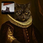 A serious-looking gray tabby cat lounges on a black surface against a plain white wall, with a wooden frame partially visible above. The cat's intense yellow eyes and relaxed pose create a charming yet slightly grumpy vibe.
