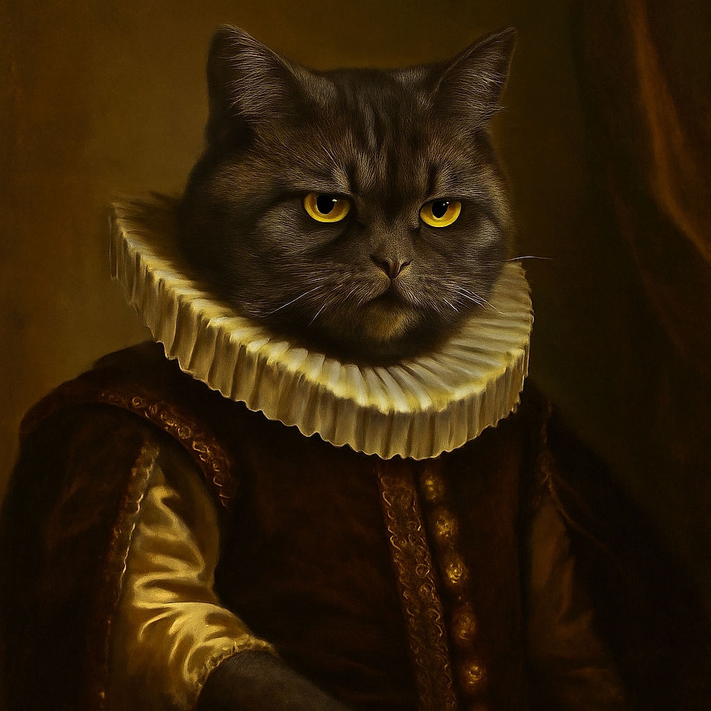 A serious-looking gray tabby cat lounges on a black surface against a plain white wall, with a wooden frame partially visible above. The cat's intense yellow eyes and relaxed pose create a charming yet slightly grumpy vibe.