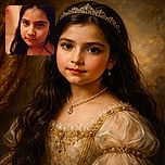 A close-up photo of a young girl with long dark hair looking calmly at the camera, with a soft pink bath sponge hanging in the background and warm indoor lighting creating a cozy atmosphere.