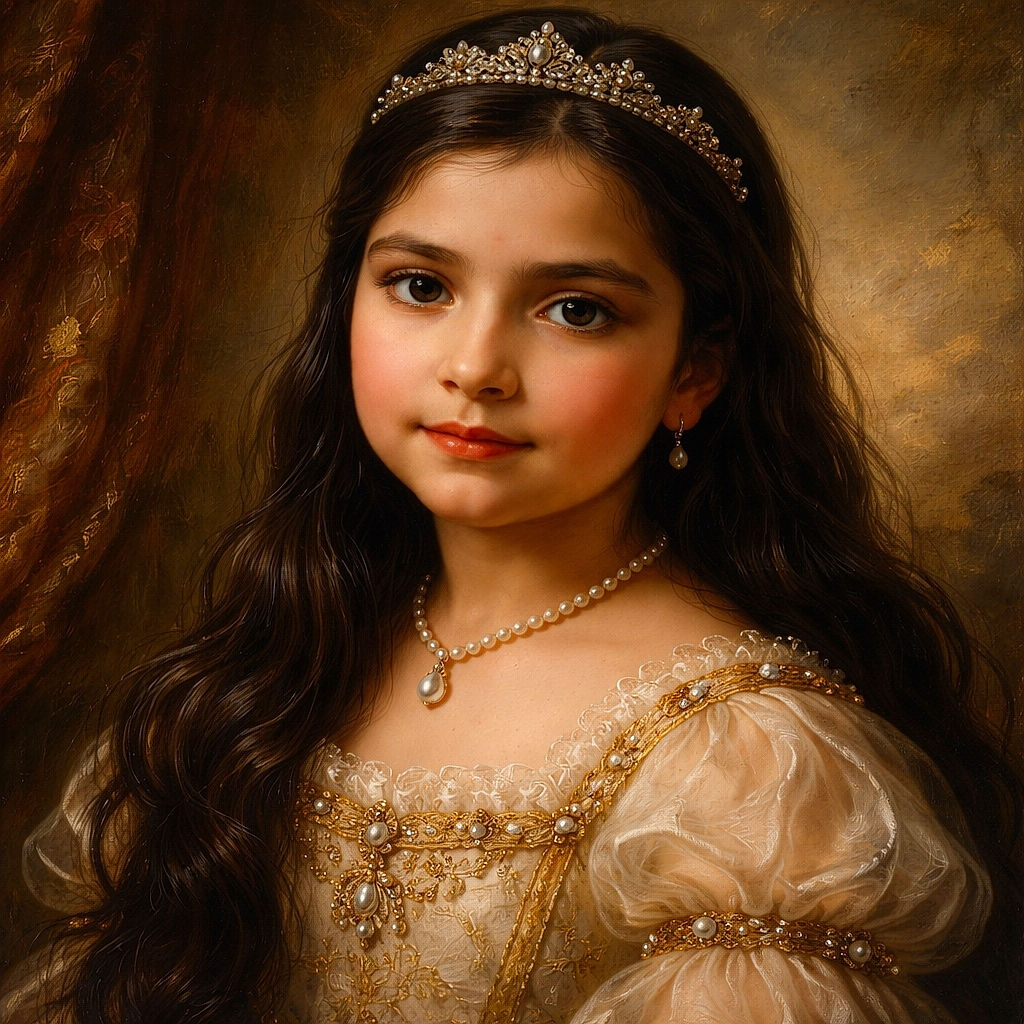 A close-up photo of a young girl with long dark hair looking calmly at the camera, with a soft pink bath sponge hanging in the background and warm indoor lighting creating a cozy atmosphere.