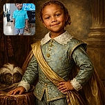 A cheerful young child stands confidently in a cozy living room, wearing a bright turquoise polo and gray shorts, with a loyal dog lounging comfortably on the floor behind them. The background features a large TV screen displaying a colorful map, adding a touch of adventure to the homely scene.