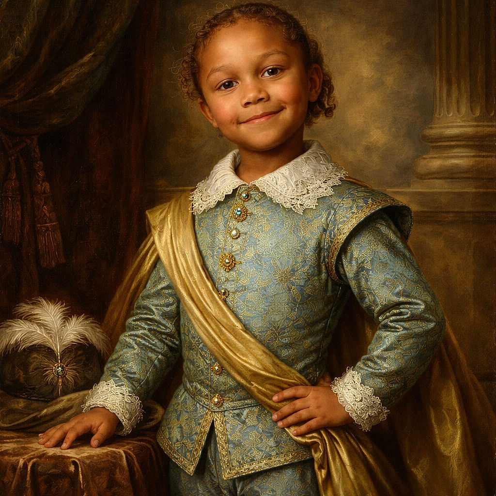 A cheerful young child stands confidently in a cozy living room, wearing a bright turquoise polo and gray shorts, with a loyal dog lounging comfortably on the floor behind them. The background features a large TV screen displaying a colorful map, adding a touch of adventure to the homely scene.