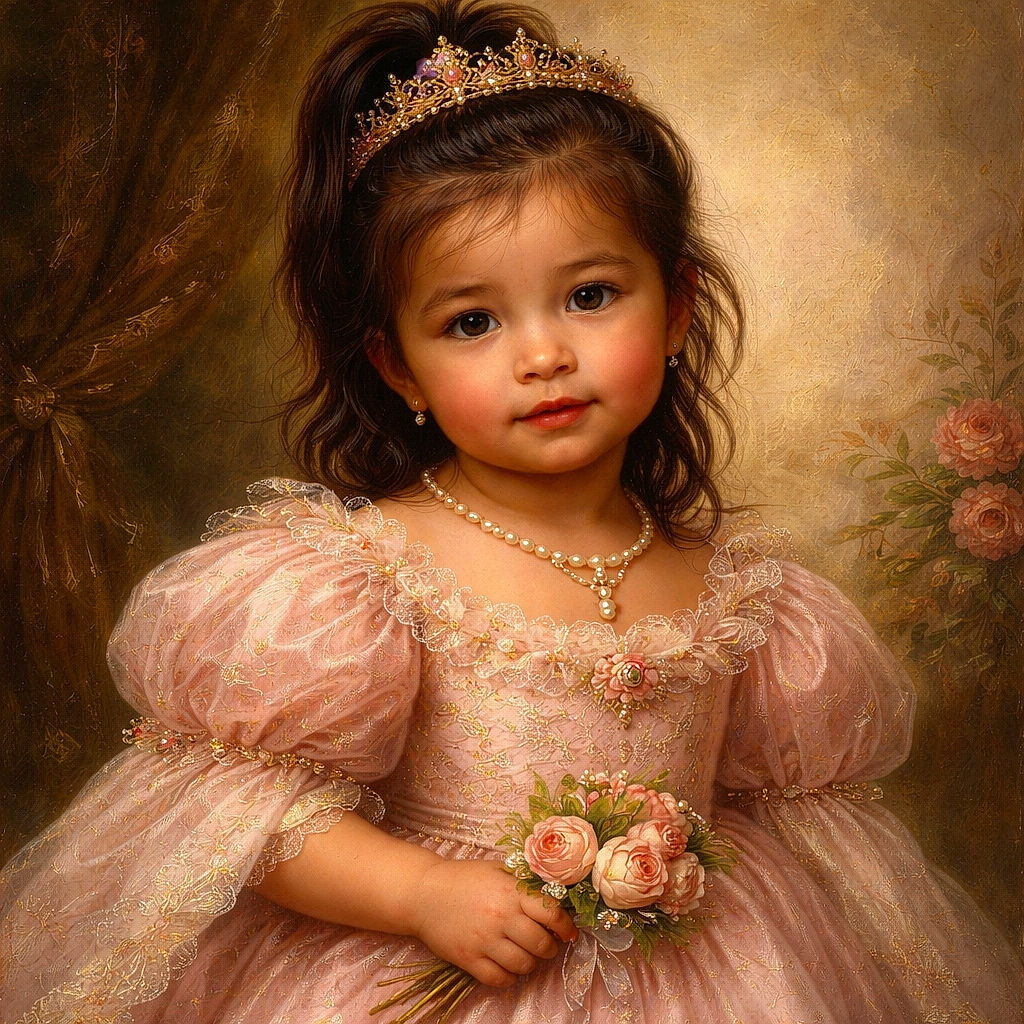 A curious toddler with a high ponytail secured by a purple scrunchie looks up with wide eyes, wearing an oversized pink Stitch t-shirt and pink sandals, standing on a textured concrete surface near a black metal railing.