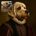 A cozy dog wrapped snugly in a fluffy beige blanket, looking off to the side with a calm and thoughtful expression, while a TV screen glows softly in the background.