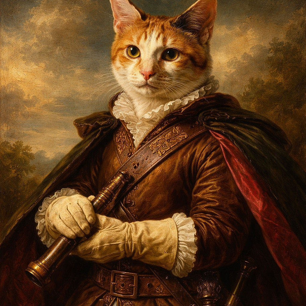 A close-up shot of a curious calico cat with large eyes and soft fur, resting its paws on a reddish surface. The background is cozy and dimly lit, featuring some indistinct furniture and a person wearing camouflage pants, adding a warm and homely vibe.