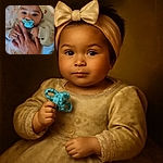 A cute baby with a big beige bow headband and a blue pacifier is gently holding an adult's finger, dressed in a cozy sweater with a teddy bear design, lying on a soft blanket with pastel butterfly patterns.