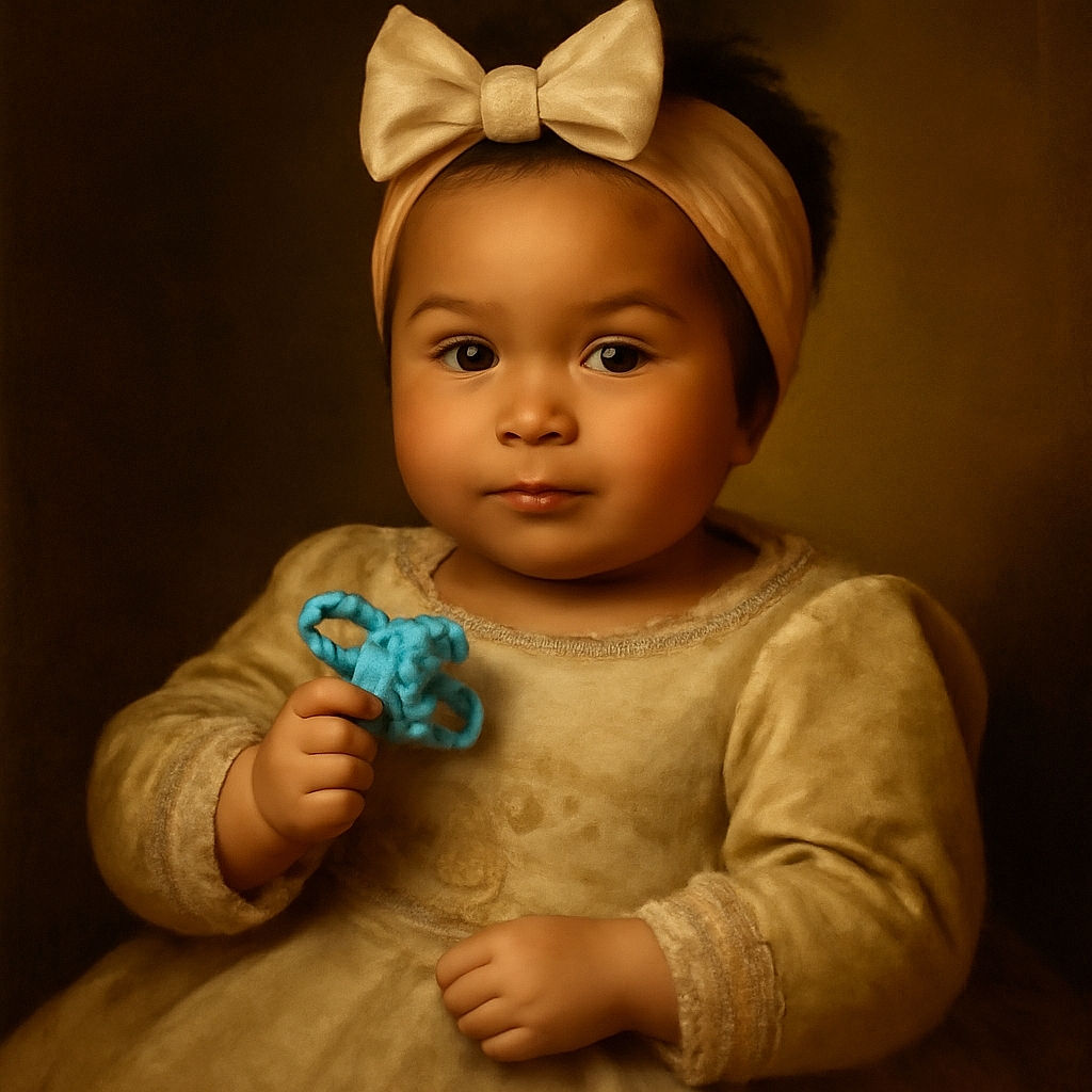 A cute baby with a big beige bow headband and a blue pacifier is gently holding an adult's finger, dressed in a cozy sweater with a teddy bear design, lying on a soft blanket with pastel butterfly patterns.