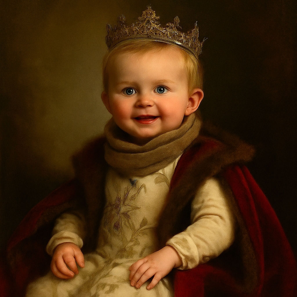 A cheerful baby with bright blue eyes and a drool on the chin is sitting comfortably in a cozy gray armchair, dressed in cream-colored pants with dog prints, a white tank top, and a brown bib, radiating pure joy and innocence.