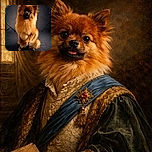 A fluffy, bright orange Pomeranian dog posing like a furry little king in a professional studio setup, with soft lighting highlighting its shiny coat and curious eyes, tongue playfully sticking out as if asking for treats or applause.