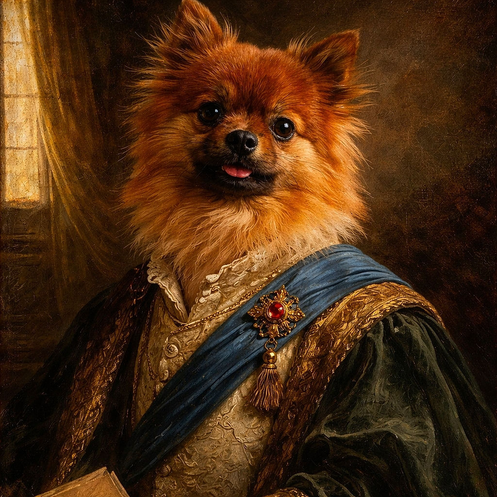 A fluffy, bright orange Pomeranian dog posing like a furry little king in a professional studio setup, with soft lighting highlighting its shiny coat and curious eyes, tongue playfully sticking out as if asking for treats or applause.
