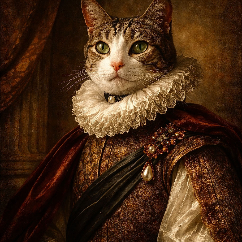 A regal tabby and white cat sits poised and dignified on a dark fabric surface, with a soft-focus brick wall background. The cat's green eyes gaze serenely ahead, and a delicate ornamental butterfly rests nearby, adding a whimsical touch to the cozy indoor scene.