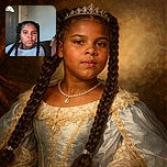 A young girl with long braided hair makes a playful pouty face while sitting indoors near a door, with a partial view of another person on the right side of the image.