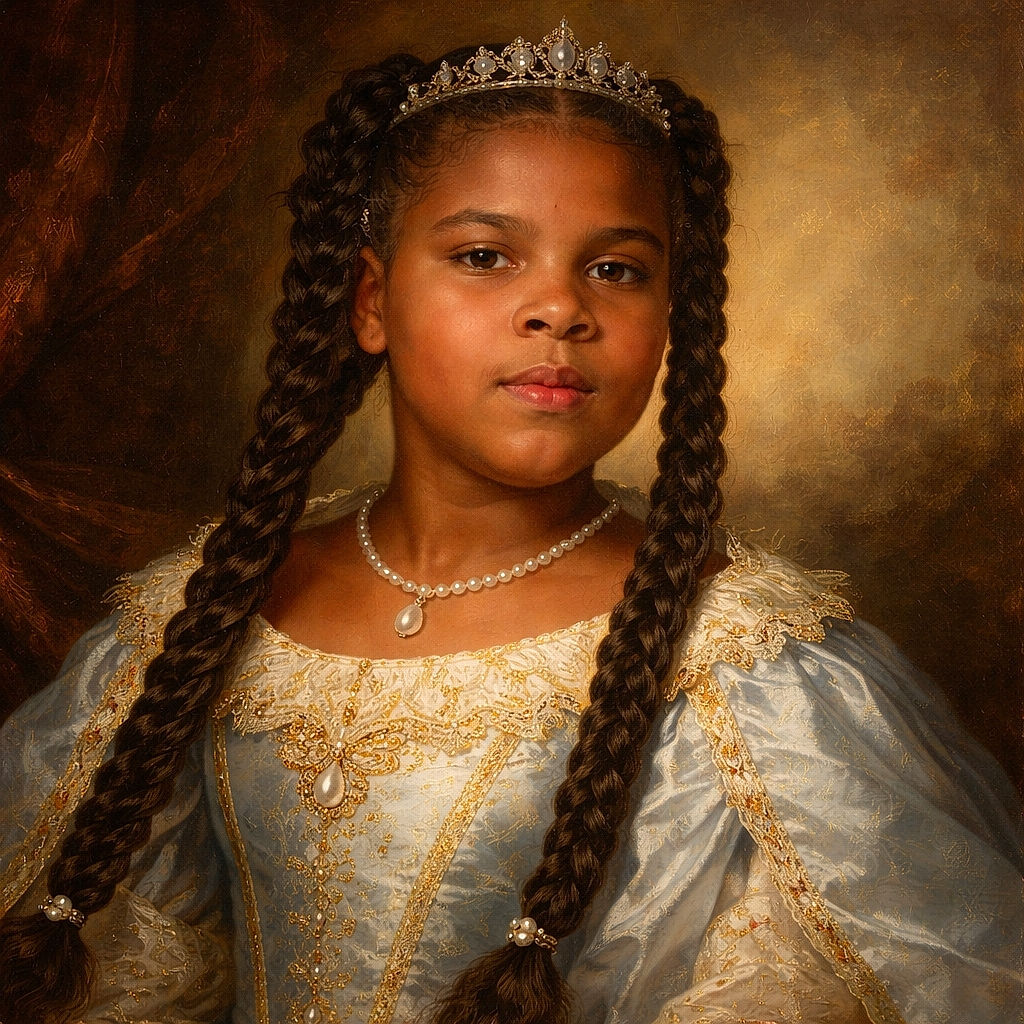 A young girl with long braided hair makes a playful pouty face while sitting indoors near a door, with a partial view of another person on the right side of the image.