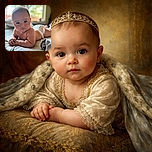 A chubby-cheeked baby lying on their tummy with big curious eyes, looking slightly to the side. The soft natural light from the window in the background gently illuminates the baby's smooth skin and tiny fingers clasped together, creating a warm and tender moment.