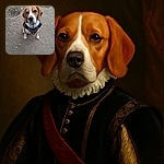 A focused and adorable beagle wearing a harness sits attentively on a dirt ground, looking straight at the camera with soulful eyes, ready for an adventure or a treat.