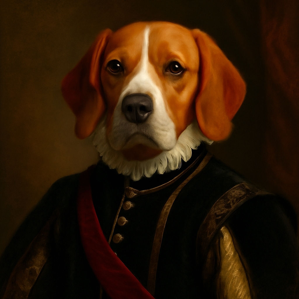 A focused and adorable beagle wearing a harness sits attentively on a dirt ground, looking straight at the camera with soulful eyes, ready for an adventure or a treat.