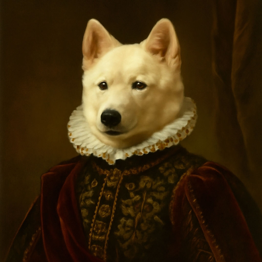 A white dog with a freshly shaved body sits on green grass in front of a beige house wall, looking calmly at the camera with its fluffy tail curled to the side.