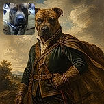 A serious-looking brindle dog fills the frame like a furry security guard, clutching a shiny leash in its mouth while lounging on a couch and silently judging the camera.