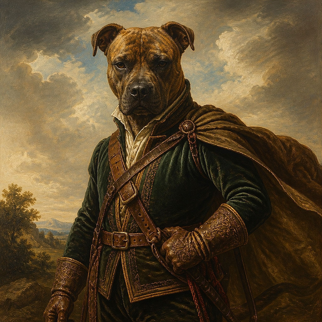 A serious-looking brindle dog fills the frame like a furry security guard, clutching a shiny leash in its mouth while lounging on a couch and silently judging the camera.