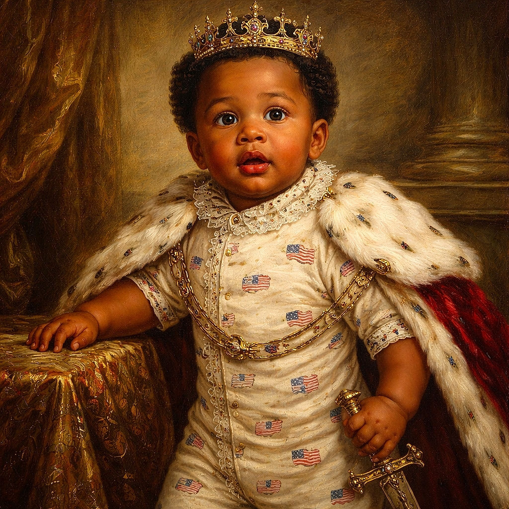 A curious toddler standing barefoot on a patterned carpet, wearing a cute USA-flag printed outfit, with a slightly surprised expression and bright eyes, illuminated by soft natural light coming from behind.