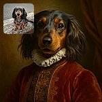 A happy, smiling dachshund with a shiny black and tan coat sits on a weathered wooden bench by the marina, with boats and calm water in the background, looking ready for a seaside adventure.