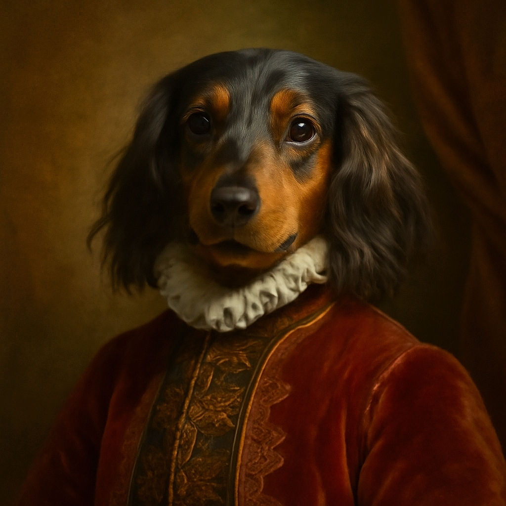 A happy, smiling dachshund with a shiny black and tan coat sits on a weathered wooden bench by the marina, with boats and calm water in the background, looking ready for a seaside adventure.