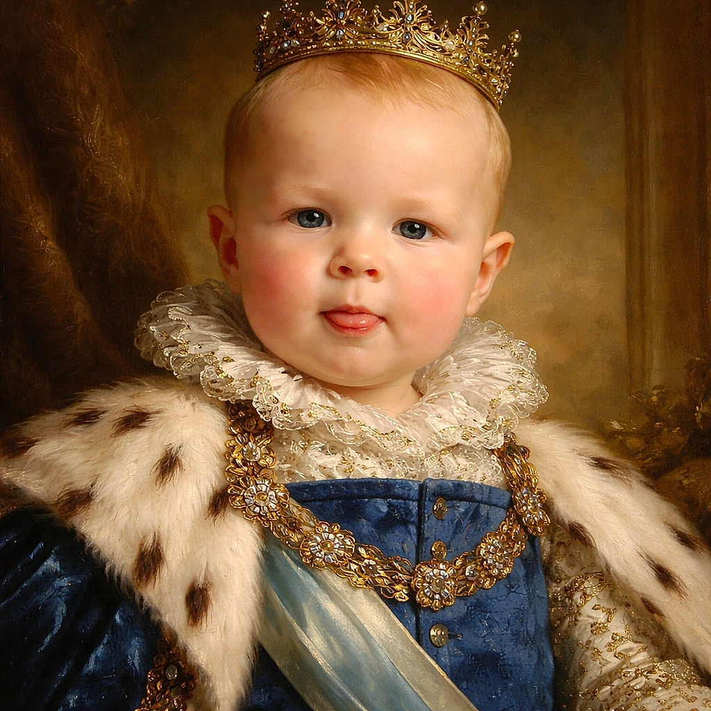A chubby-cheeked toddler in blue overalls stares into the camera with a tiny tongue-peek and a proud squint, sun-kissed skin and all the confidence of a backyard monarch.
