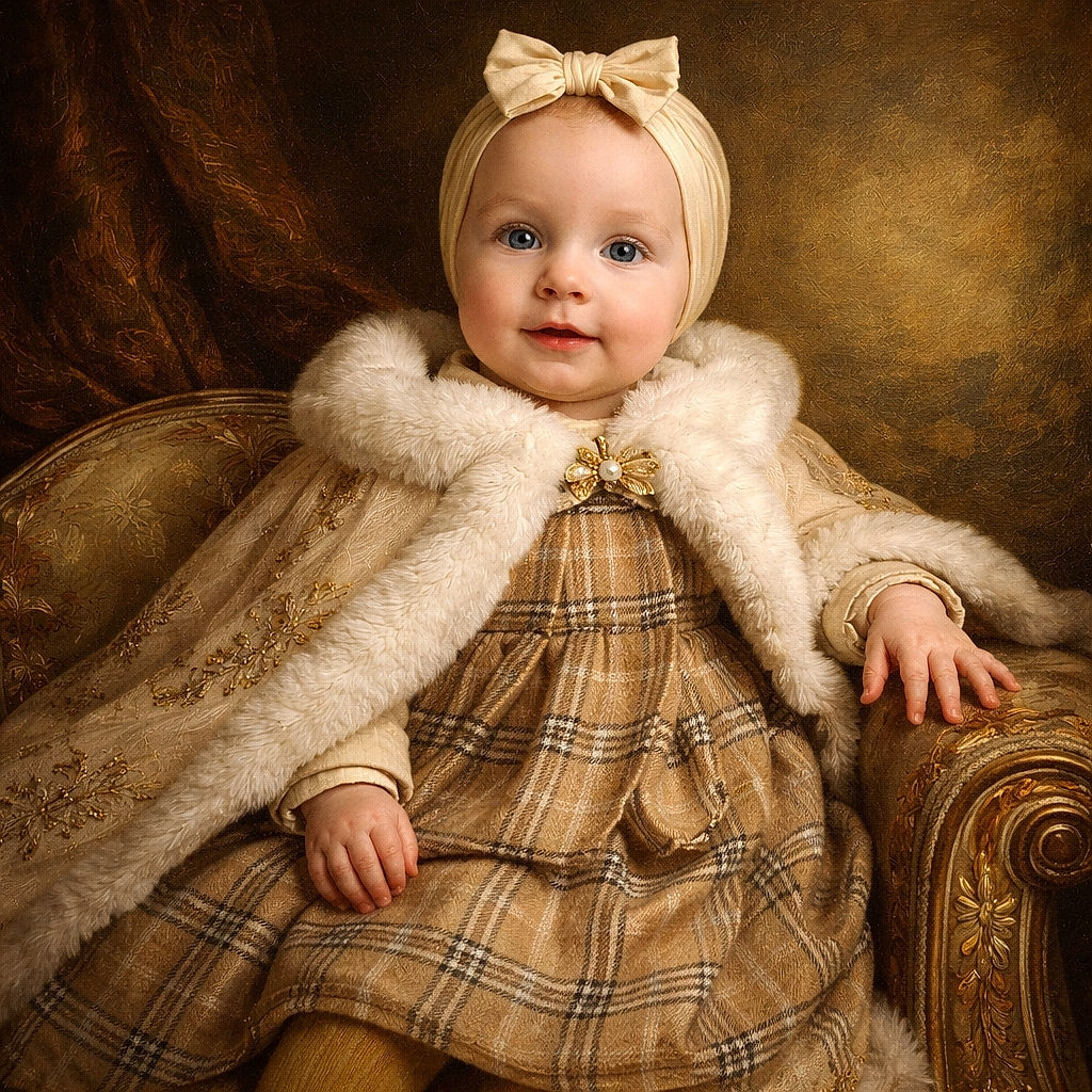 A delighted baby in a bow headband and plaid dress lounges like royalty on a plush sofa, flashing an adorable smile and tiny hands gripping the fluffiest vest.
