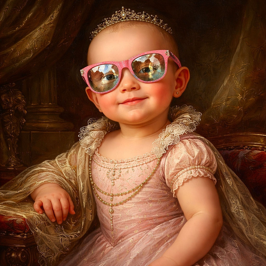 A confident baby wearing bright pink and blue sunglasses sits snugly in a stroller, flashing a cheeky smile while clutching an adult's hand. The reflective lenses show a sunny outdoor scene with a person in a yellow shirt, adding a fun layer to the portrait.
